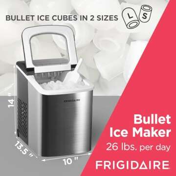 Frigidaire Compact Countertop Ice Maker, Makes 26 Lbs. of Bullet Shaped Ice Cubes Per Day, Silver Stainless