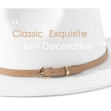 Lisianthus Women Classic Felt Fedora Wide Brim Hat with Belt Buckle A-White