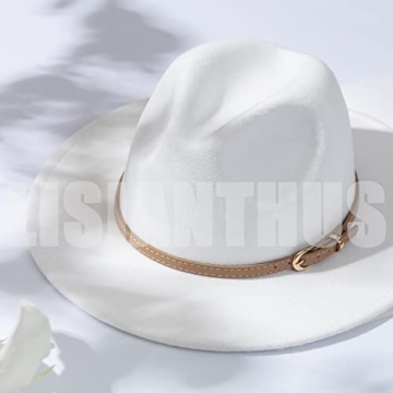 Lisianthus Women Classic Felt Fedora Wide Brim Hat with Belt Buckle A-White
