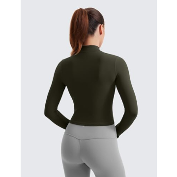 CRZ YOGA Womens Butterluxe Full Zip Cropped Workout Jackets Slim Fit Lightweight Athletic Yoga Jacket with Thumb Holes Olive Green Small