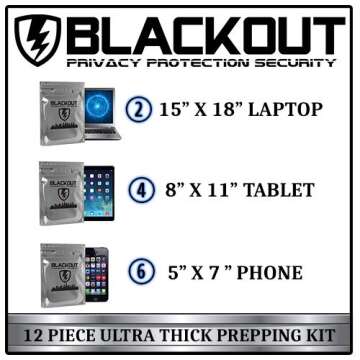 BLACKOUT Faraday Cage EMP Bags Premium Ultra Thick 12pc Prepping Kit Laptops Tablets Smartphones Hard Drives