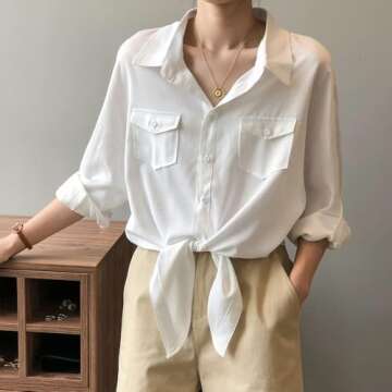 Stylish Womens Button Down V Neck Tie Front Blouse