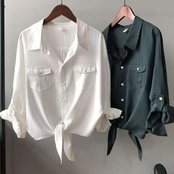 Stylish Womens Button Down V Neck Tie Front Blouse