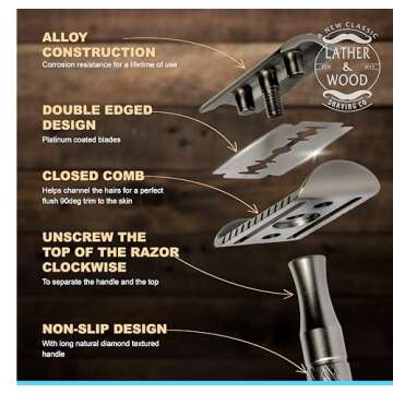 Lather & Wood Single Blade Razor for Men - Premium One Blade Safety Razor - Precision Shaving Instrument - Baron Noble - Forge Gray