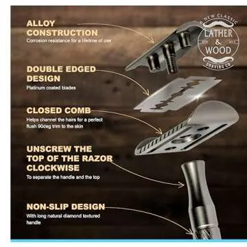 Lather & Wood Single Blade Razor for Men - Premium One Blade Safety Razor - Precision Shaving Instrument - Baron Noble - Forge Gray