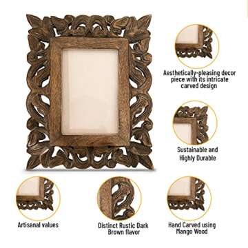 indoStrides Hand Carved Mango Wood Rustic 4x6 Picture Frame with Real Glass - Aesthetic Vintage Wood Frame for Tabletop Use - Rustic Home Decor Perfect for Your Memories