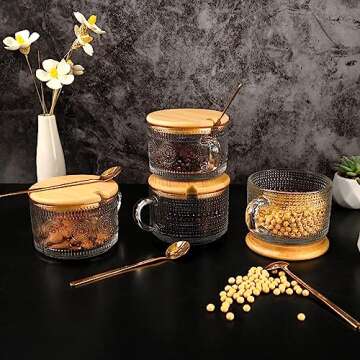 LUECMO Vintage Coffee Tea Cups [4 Pack], 14 oz Glass Tea Coffee Mugs, Clear Embossed Glass Cups for Cappuccino, Latte,Cereal, Yogurt, Beverage (2 sunflower + 2 raindrop)