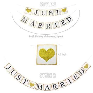 GuassLee JUST MARRIED Banner Car Decorations, Gold Glitter Just Married Sign Garland for Bridal Shower Decorations, Photo Props and Car Decorations