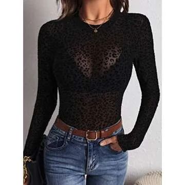 sexy sheer mesh leopard print long sleeve tee