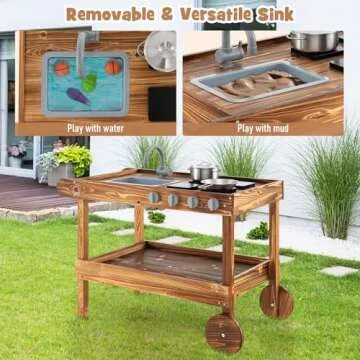 DORTALA Mud Kitchen with Wheels, Fir Wood Rolling Mud Table Cart with Sink, Stoves, Faucet, Storage Shelf, Outdoor Play Kitchen for Toddlers, Mud Kitchen for Kids Outdoor