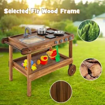 DORTALA Mud Kitchen with Wheels, Fir Wood Rolling Mud Table Cart with Sink, Stoves, Faucet, Storage Shelf, Outdoor Play Kitchen for Toddlers, Mud Kitchen for Kids Outdoor