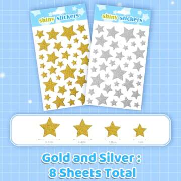 Jactales Glitter Star Puffy Stickers - Gold & Silver Foam Star, Easy Peel & Stick On, Small Stars for Kids Crafts & Christmas, Adhesive Shiny Star Shape 8 Sheets