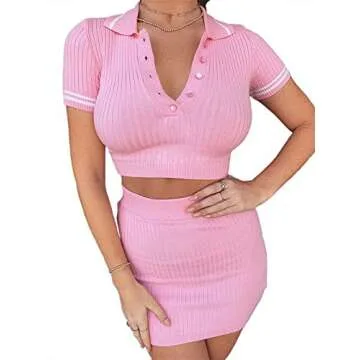 FUFUCAILLM Women Two Piece Outfit, Sexy Solid Crop Top Mini Skirt Set Women Knitted 2 Piece Outfits
