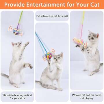 Retro Shaw Cat Toy Ball 6 Pcs,Yarn Cat Balls with Bells Inside,Interactive Indoor Kitten Toy,Fuzzy Kitty Toy Ball on String,Kitten Chew Toys Teething