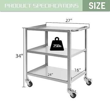 Hally Stainless Steel Utility Cart 3 Tier NSF Commercial Heavy Duty Metal Mobile Food Rolling Cart w...