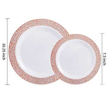 WDF 102pcs Rose Gold Plates - Lace Design Disposable Plastic Plates - include 51 Plastic Dinner Plates 10.25inch,51 Salad Plates 7.5inch Rose Gold Plastic Plates