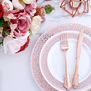 WDF 102pcs Rose Gold Plates - Lace Design Disposable Plastic Plates - include 51 Plastic Dinner Plates 10.25inch,51 Salad Plates 7.5inch Rose Gold Plastic Plates