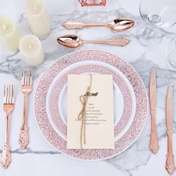 WDF 102pcs Rose Gold Plates - Lace Design Disposable Plastic Plates - include 51 Plastic Dinner Plates 10.25inch,51 Salad Plates 7.5inch Rose Gold Plastic Plates