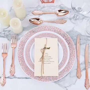 WDF 102pcs Rose Gold Plates - Lace Design Disposable Plastic Plates - include 51 Plastic Dinner Plates 10.25inch,51 Salad Plates 7.5inch Rose Gold Plastic Plates