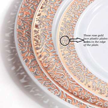 WDF 102pcs Rose Gold Plates - Lace Design Disposable Plastic Plates - include 51 Plastic Dinner Plates 10.25inch,51 Salad Plates 7.5inch Rose Gold Plastic Plates