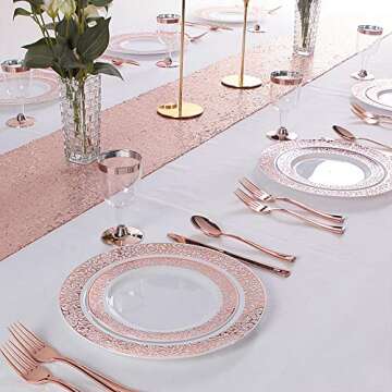 WDF 102pcs Rose Gold Plates - Lace Design Disposable Plastic Plates - include 51 Plastic Dinner Plates 10.25inch,51 Salad Plates 7.5inch Rose Gold Plastic Plates