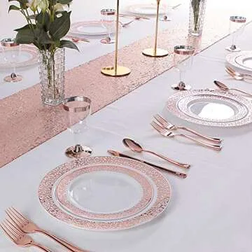 WDF 102pcs Rose Gold Plates - Lace Design Disposable Plastic Plates - include 51 Plastic Dinner Plates 10.25inch,51 Salad Plates 7.5inch Rose Gold Plastic Plates