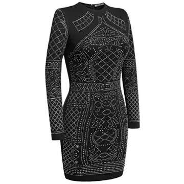 Meaneor Women's Studded Cocktail Dress Long Sleeve Black Sequined Party Dress (Black,XL)
