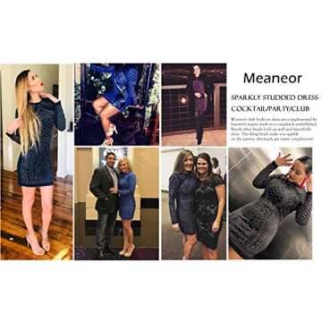 Meaneor Women's Studded Cocktail Dress Long Sleeve Black Sequined Party Dress (Black,XL)