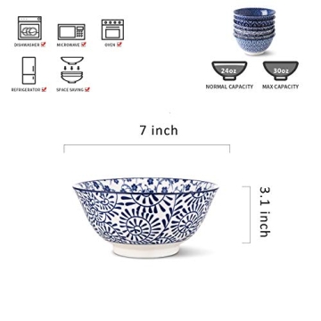 Selamica Vintage Blue Porcelain Bowl Set of 6 for Cereal