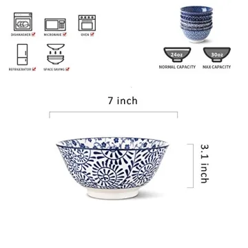 Selamica Vintage Blue Porcelain Bowl Set of 6 for Cereal