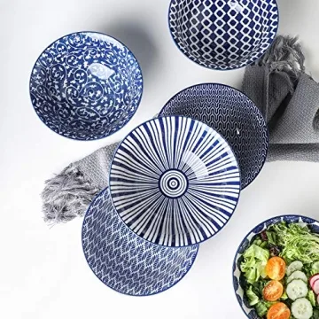 Selamica Vintage Blue Porcelain Bowl Set of 6 for Cereal