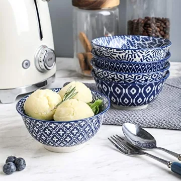 Selamica Vintage Blue Porcelain Bowl Set of 6 for Cereal