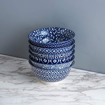 Selamica Vintage Blue Porcelain Bowl Set of 6 for Cereal