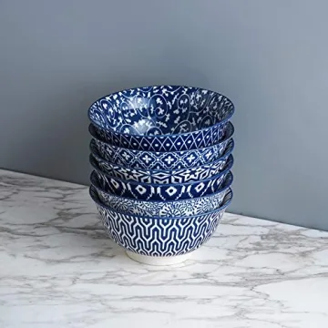 Selamica Vintage Blue Porcelain Bowl Set of 6 for Cereal