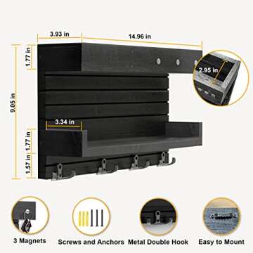 Key Holder for Wall Decorative Wall Mounted Mail Holder with 4 Key Hooks, Wooden Key Rack Mail Sorter Organizer, Double Shelf Key Hanger Mail Key Organizer, Rustic Home Decor for Entryway Hallway