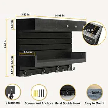 Key Holder for Wall Decorative Wall Mounted Mail Holder with 4 Key Hooks, Wooden Key Rack Mail Sorter Organizer, Double Shelf Key Hanger Mail Key Organizer, Rustic Home Decor for Entryway Hallway