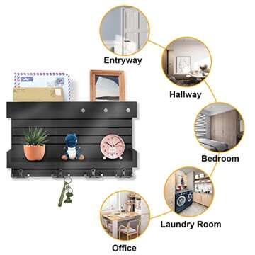 Key Holder for Wall Decorative Wall Mounted Mail Holder with 4 Key Hooks, Wooden Key Rack Mail Sorter Organizer, Double Shelf Key Hanger Mail Key Organizer, Rustic Home Decor for Entryway Hallway