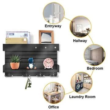 Key Holder for Wall Decorative Wall Mounted Mail Holder with 4 Key Hooks, Wooden Key Rack Mail Sorter Organizer, Double Shelf Key Hanger Mail Key Organizer, Rustic Home Decor for Entryway Hallway