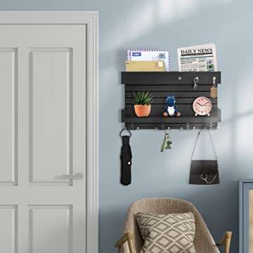 Key Holder for Wall Decorative Wall Mounted Mail Holder with 4 Key Hooks, Wooden Key Rack Mail Sorter Organizer, Double Shelf Key Hanger Mail Key Organizer, Rustic Home Decor for Entryway Hallway