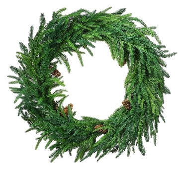 Jutom 24 Inches Christmas Norfolk Pine Wreath with Pine Cones for Holiday Decor