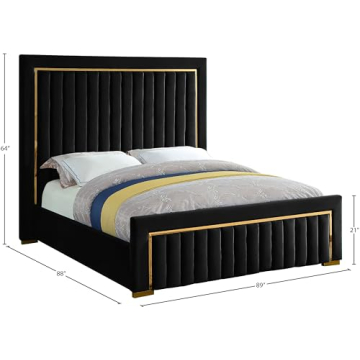 Modern Velvet Bed with Channel Tufting and Gold Accents