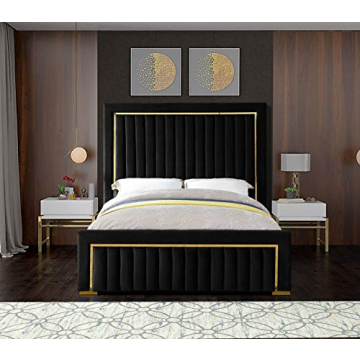 Modern Velvet Bed with Channel Tufting and Gold Accents