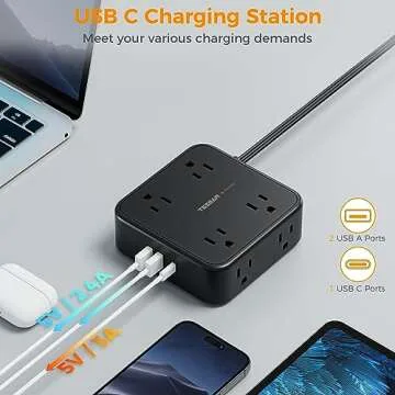 Surge Protector Flat Plug Power Strip, Black Extension Cord, 8 AC Outlets, 3 USB Charger(1 USB C Port) 3 Side Outlet Extender, 5 Ft, 900 Joules Protection, Office Supplies, Dorm Room Essentials