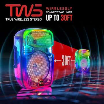 QFX 8" Portable Rechargable Bluetooth PA Karaoke Loud Party Speaker up to 5 Hour Playtime | Bluetooth 5.3, TWS, USB Port, TF, AUX, FM Radio, 360 Degree Translucent Motion Party Lights | TMS-853