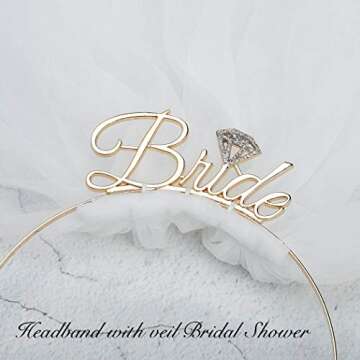 Aukmla Bride Headband with Veil White Bachelorette Party Veils Bridal Shower Tulle for Women and Girls(Gold)