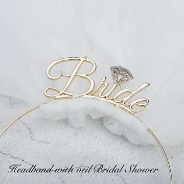 Aukmla Bride Headband with Veil White Bachelorette Party Veils Bridal Shower Tulle for Women and Girls(Gold)