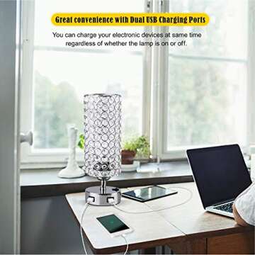 focondot USB Crystal Table Lamp with Press Switch,Stylish Nightstand Lamps with Dual USB Charging Port,Silver Bedside Lamp Perfect for Bedroom Living Room Office Guest Room(Set of 2)