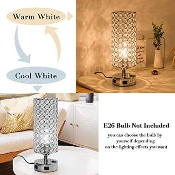 focondot USB Crystal Table Lamp with Press Switch,Stylish Nightstand Lamps with Dual USB Charging Port,Silver Bedside Lamp Perfect for Bedroom Living Room Office Guest Room(Set of 2)