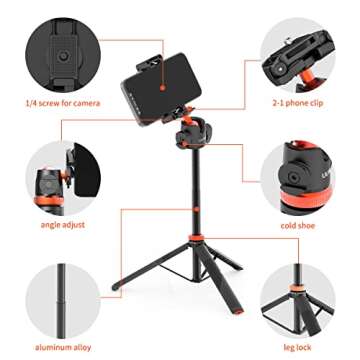 UURig Camera Tripod, 52 inch Extendable Phone Selfie Stick Camera Tripod Stand with 2 in 1 Phone Clip, 5 Levels Adjustment 360° Ball Head Loads Up for iPhone Sony Canon GoPro
