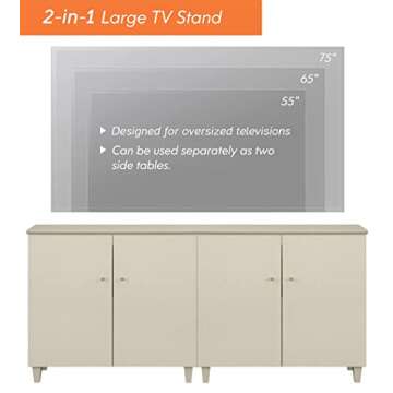 WAMPAT TV Stand Cabinets for TVs up to 75 Inches, 2-in-1 Wood Entertainment Center with Doors and 6 Compartments, 70.8" Modern Media Console Table with Storage for Living Room Bedroom, Beige Linen